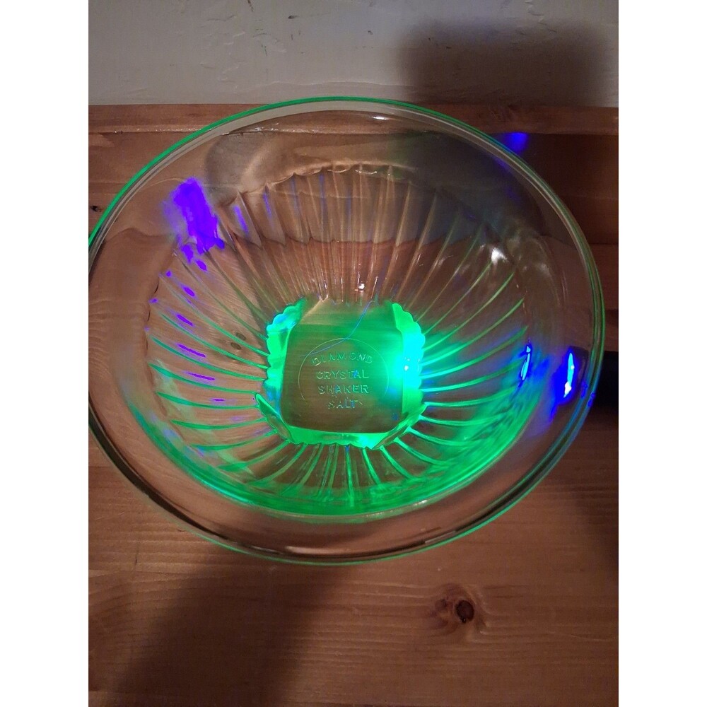 Vintage Uranium Glass Diamond Crystal Shaker Salt Bowl 7 1/4" Glows!